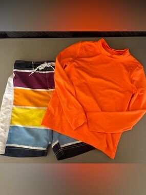 Place Bright Orange Rash Guard with Multi-Stripe Swim Shorts